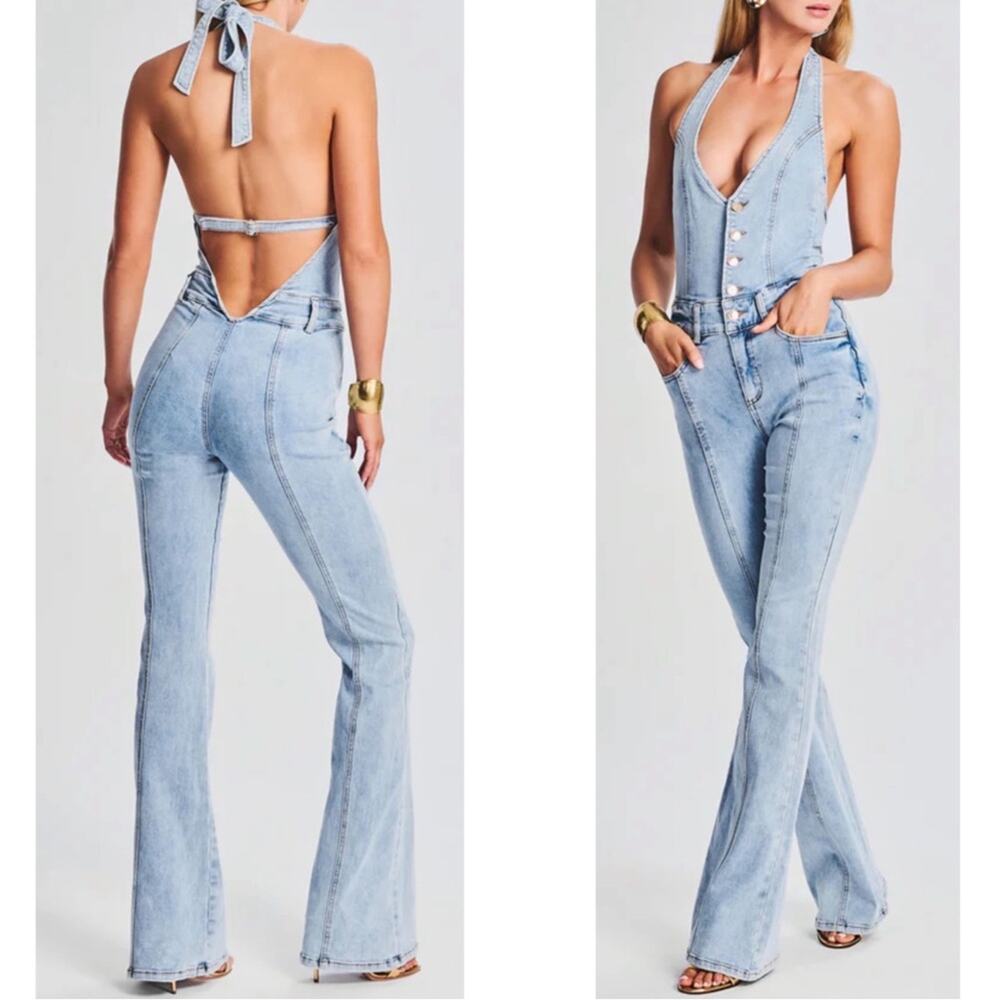 RETROFETE Cynthia Denim Flared Leg Halterneck Jumpsuit in Vintage Celeste Sz XL